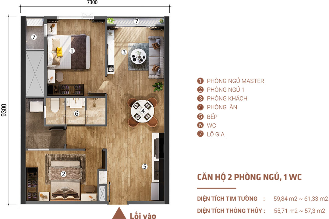 mặt bằng căn hộ 2 phòng ngủ 1wc picity sky park