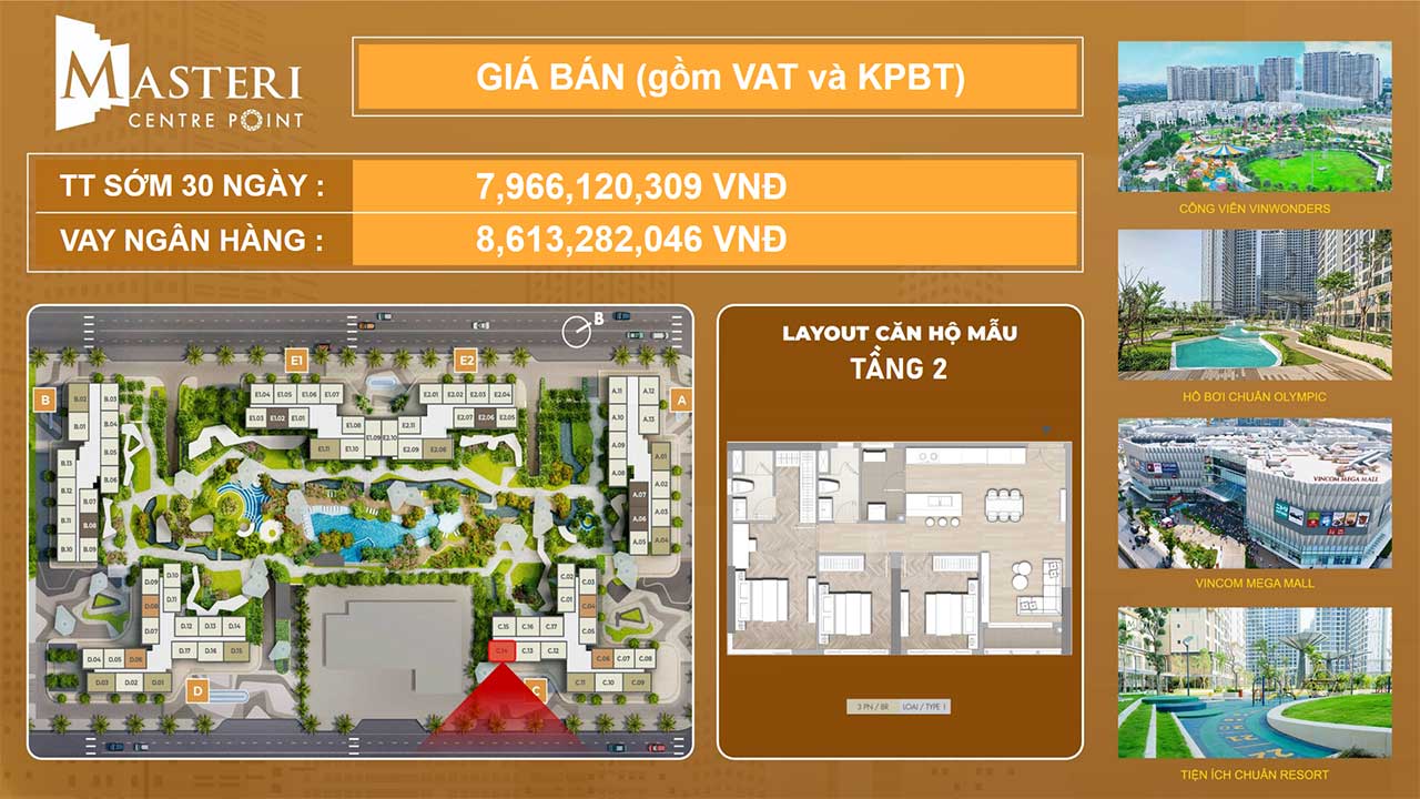 giá bán căn hộ 3 phòng ngủ masteri centre point