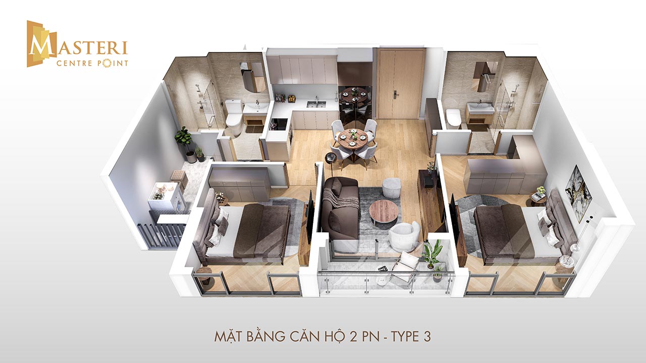 mặt bằng căn hộ 2 phòng ngủ masteri centre point (type 3)
