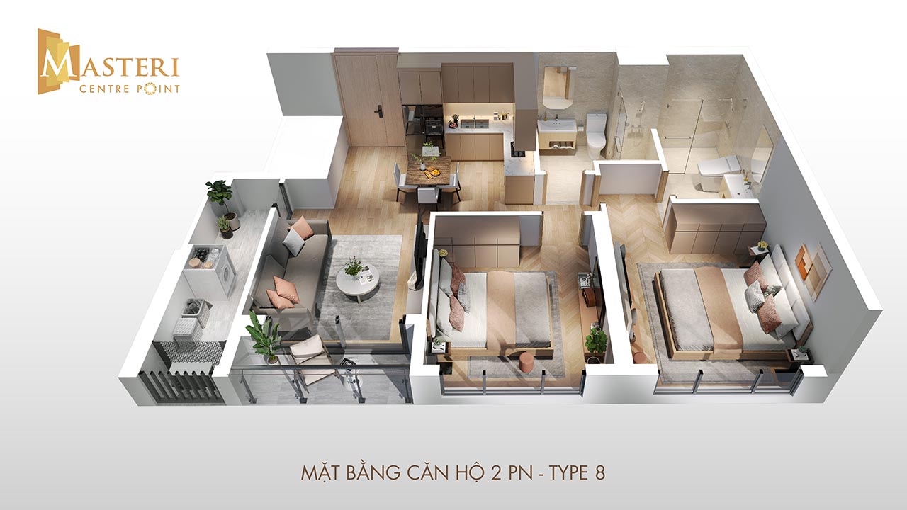 mặt bằng căn hộ 2 phòng ngủ masteri centre point (type 8)