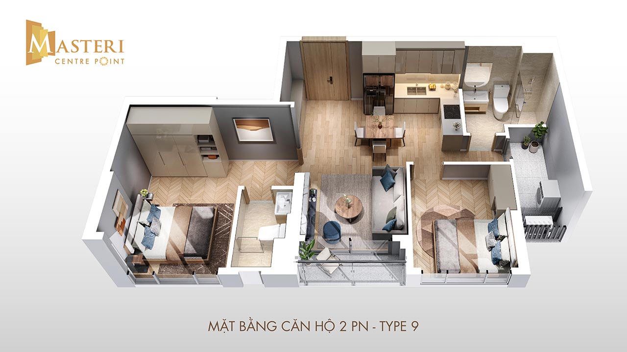mặt bằng căn hộ 2 phòng ngủ masteri centre point (type 9)