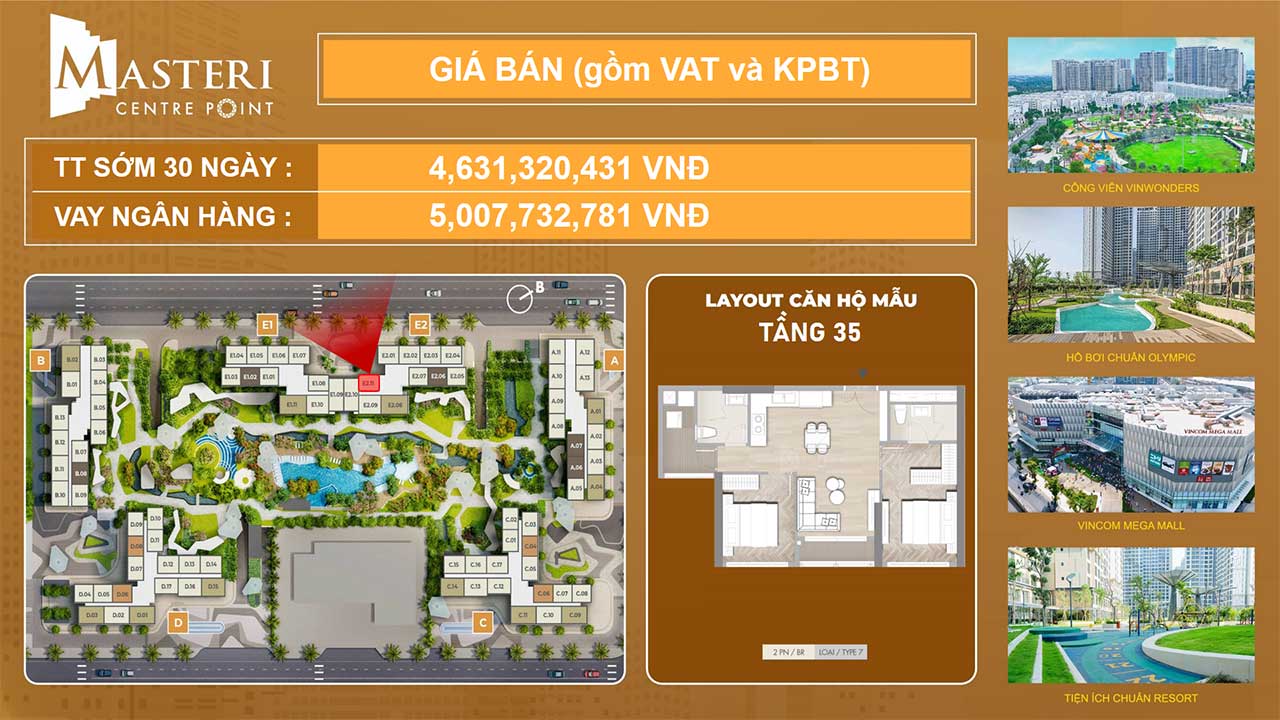 giá bán căn hộ 2 phòng ngủ masteri centre point quận 9